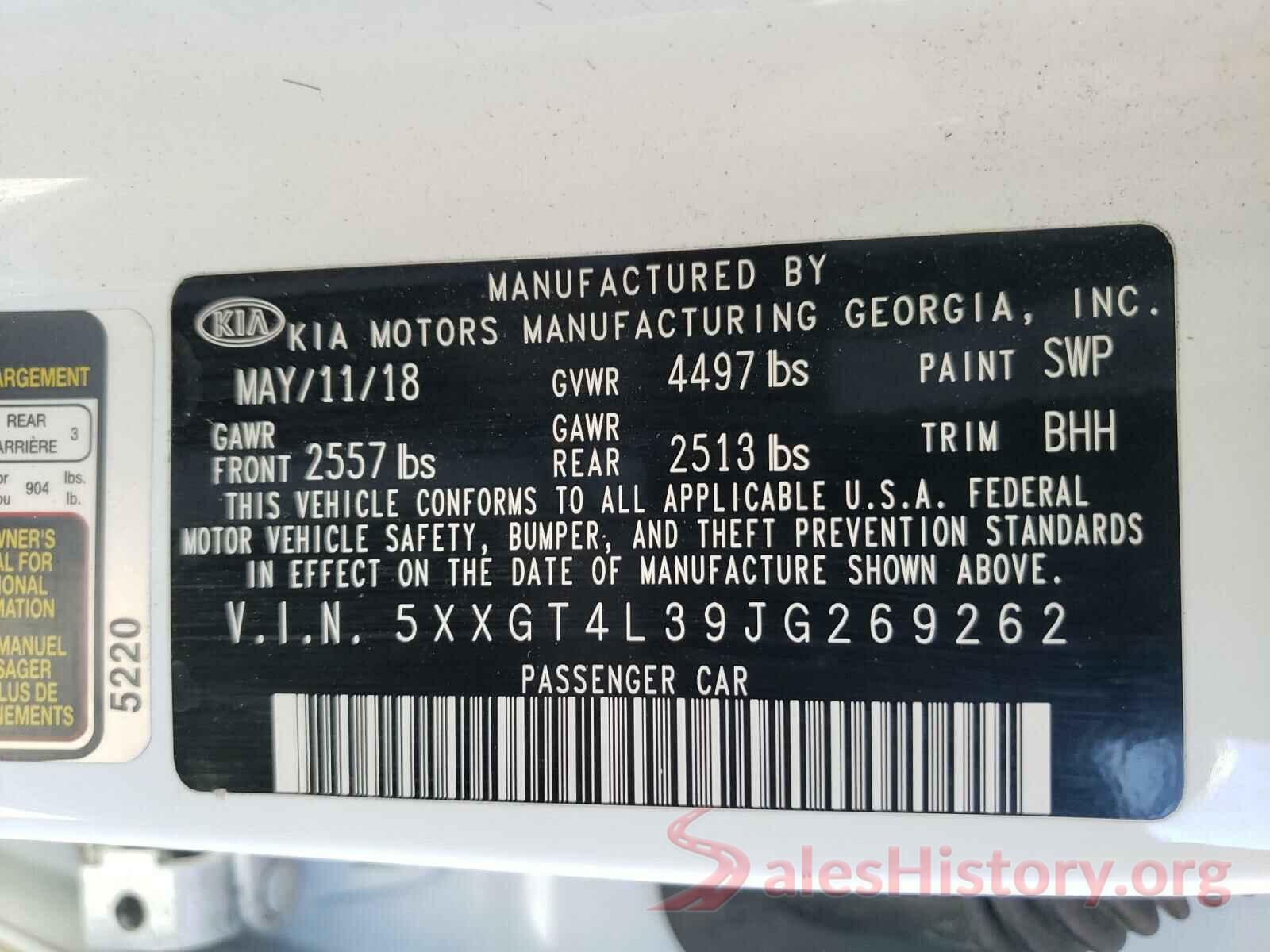 5XXGT4L39JG269262 2018 KIA OPTIMA