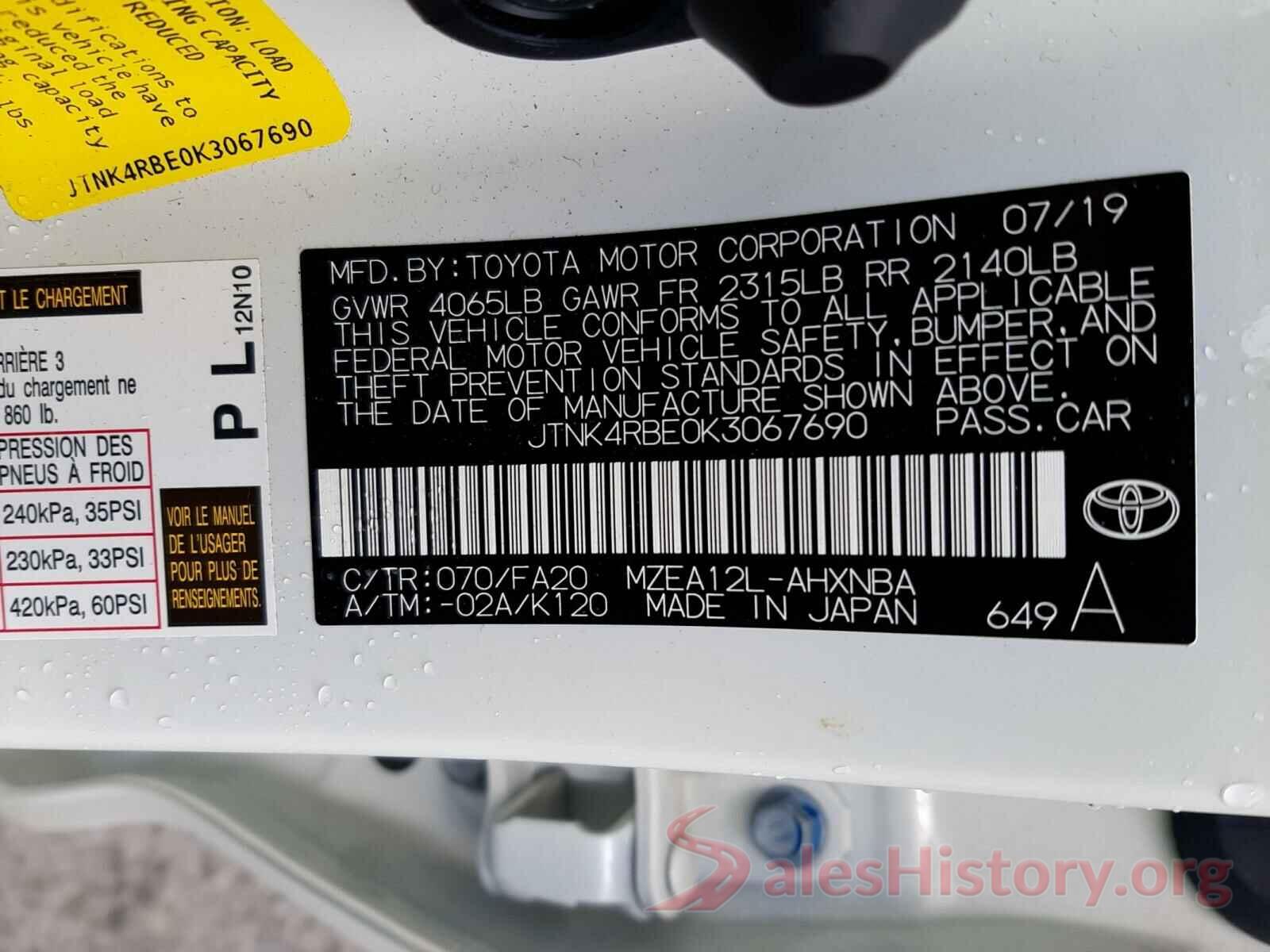 JTNK4RBE0K3067690 2019 TOYOTA COROLLA