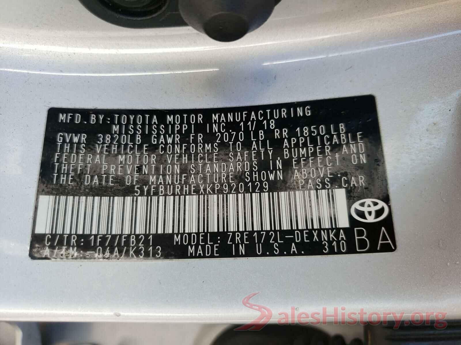 5YFBURHEXKP920129 2019 TOYOTA COROLLA