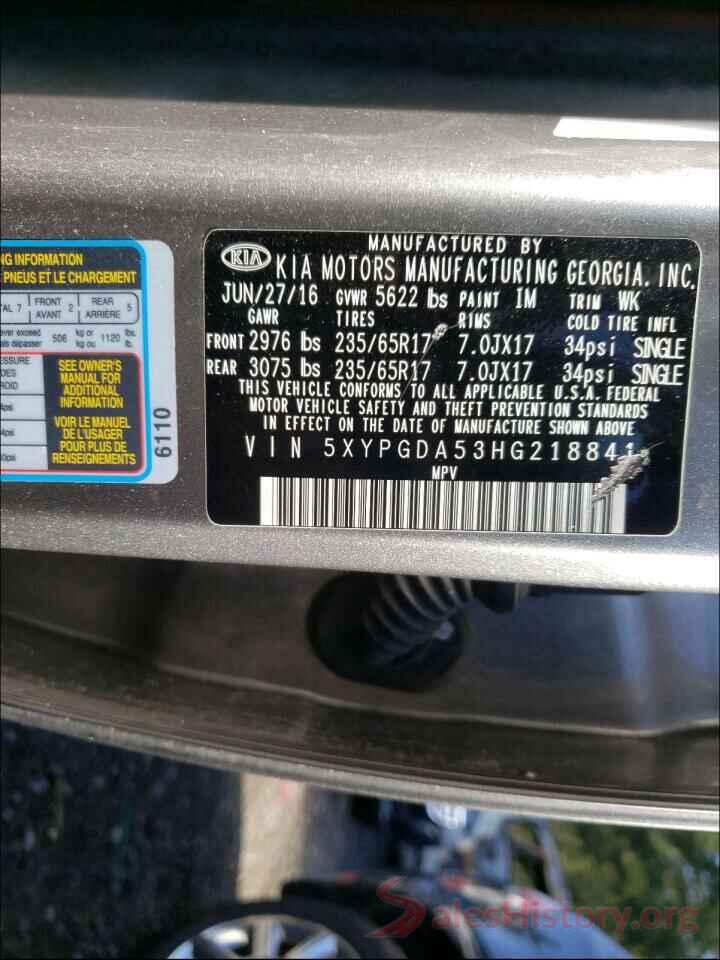 5XYPGDA53HG218841 2017 KIA SORENTO