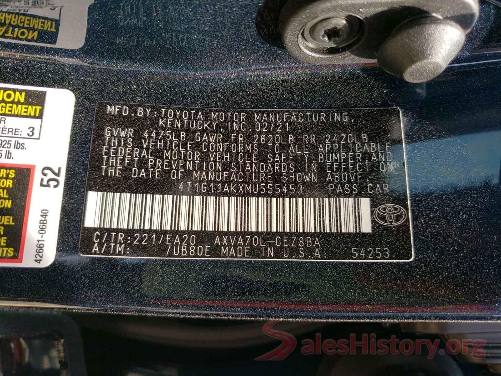 4T1G11AKXMU555453 2021 TOYOTA CAMRY