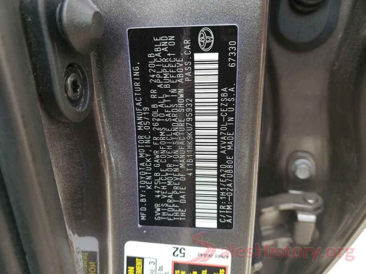 4T1B11HK9KU795932 2019 TOYOTA CAMRY