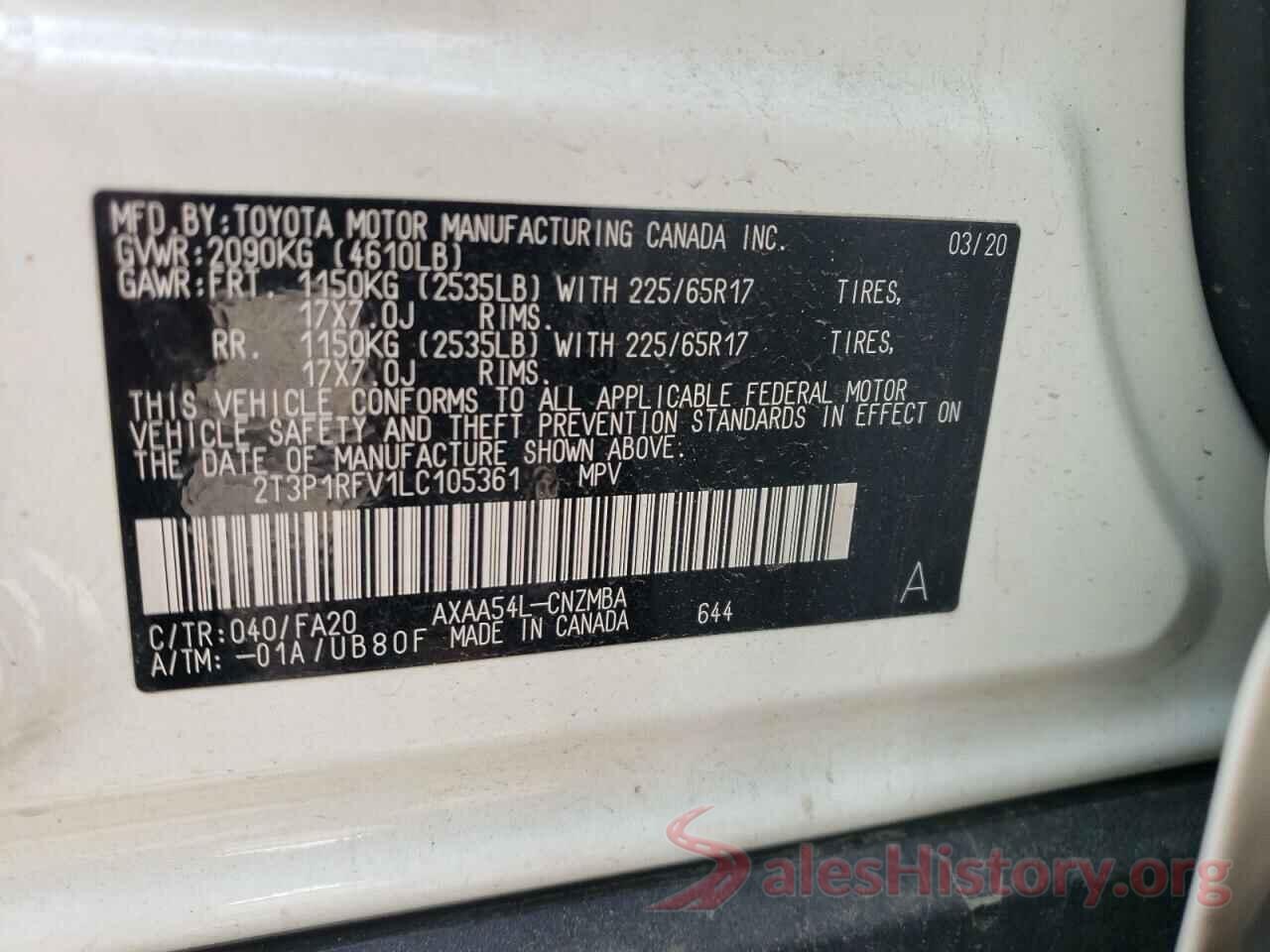 2T3P1RFV1LC105361 2020 TOYOTA RAV4