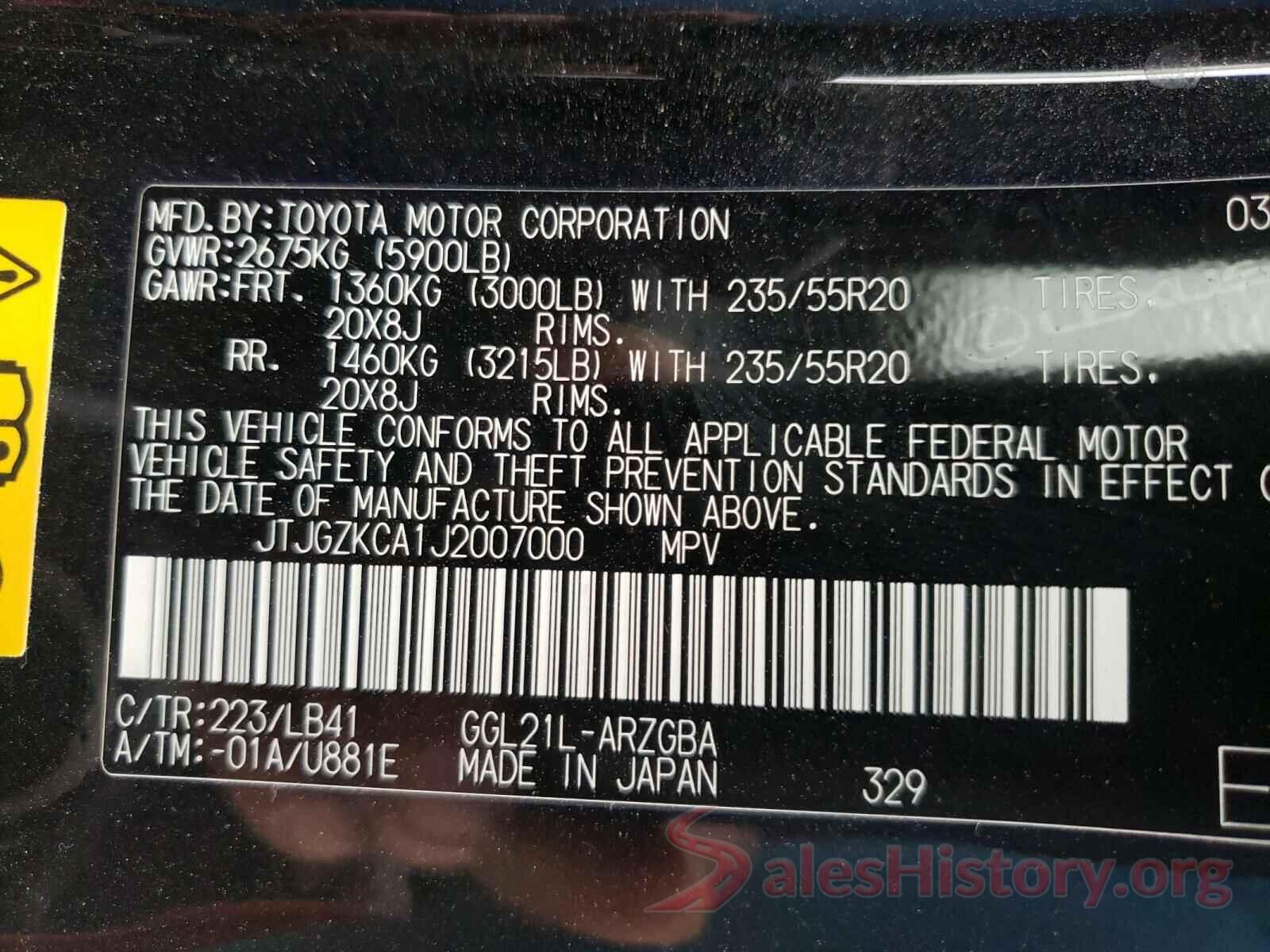 JTJGZKCA1J2007000 2018 LEXUS RX350