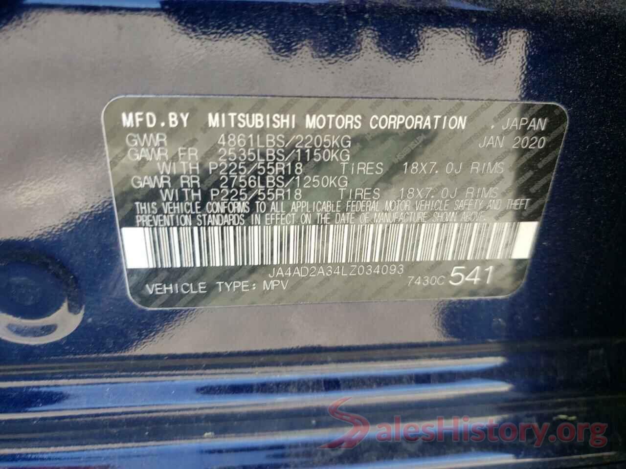 JA4AD2A34LZ034093 2020 MITSUBISHI OUTLANDER