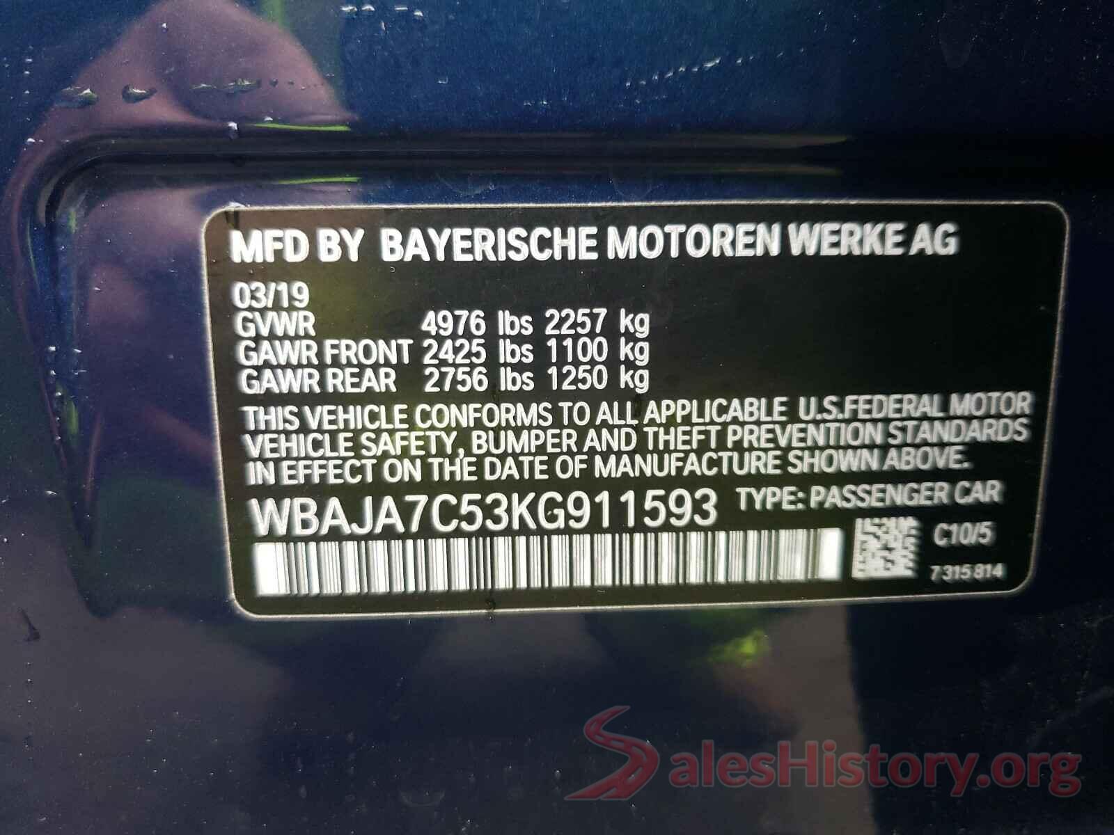 WBAJA7C53KG911593 2019 BMW 5 SERIES