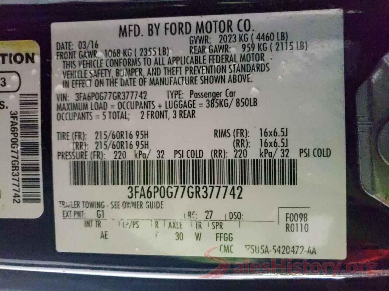 3FA6P0G77GR377742 2016 FORD FUSION