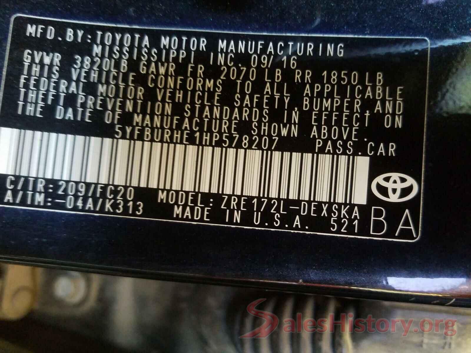 5YFBURHE1HP578207 2017 TOYOTA COROLLA