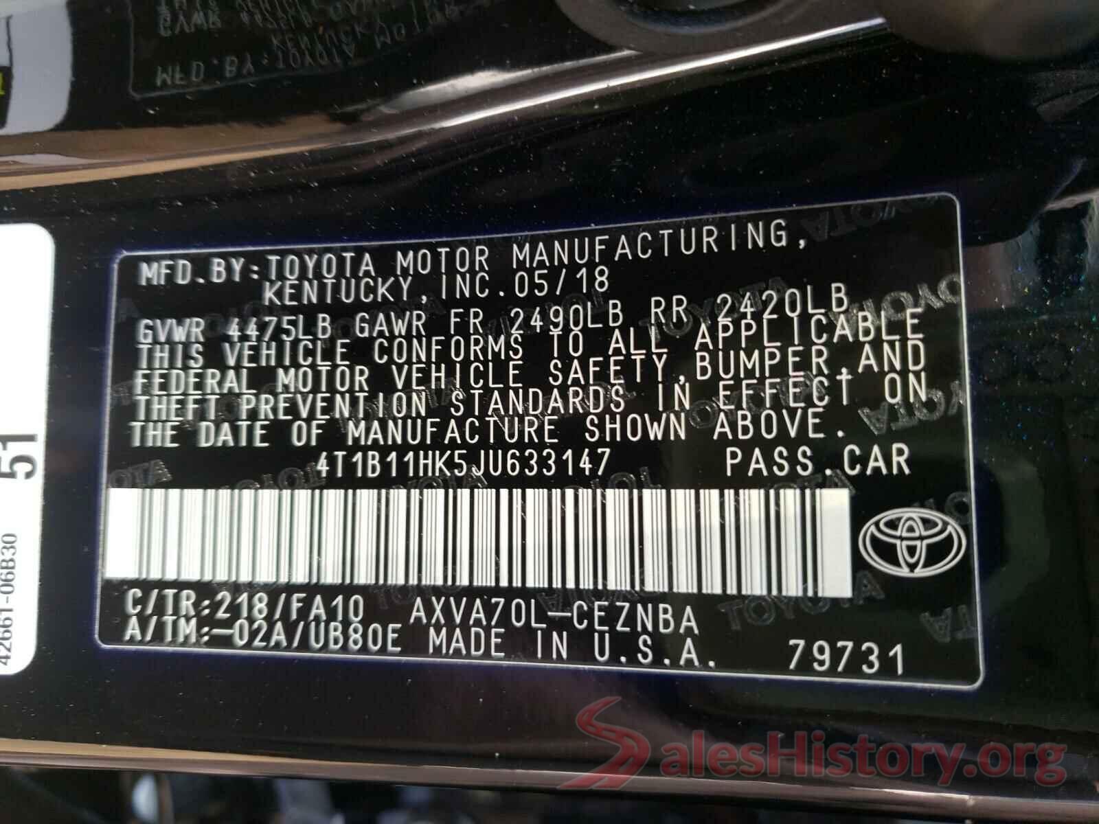 4T1B11HK5JU633147 2018 TOYOTA CAMRY