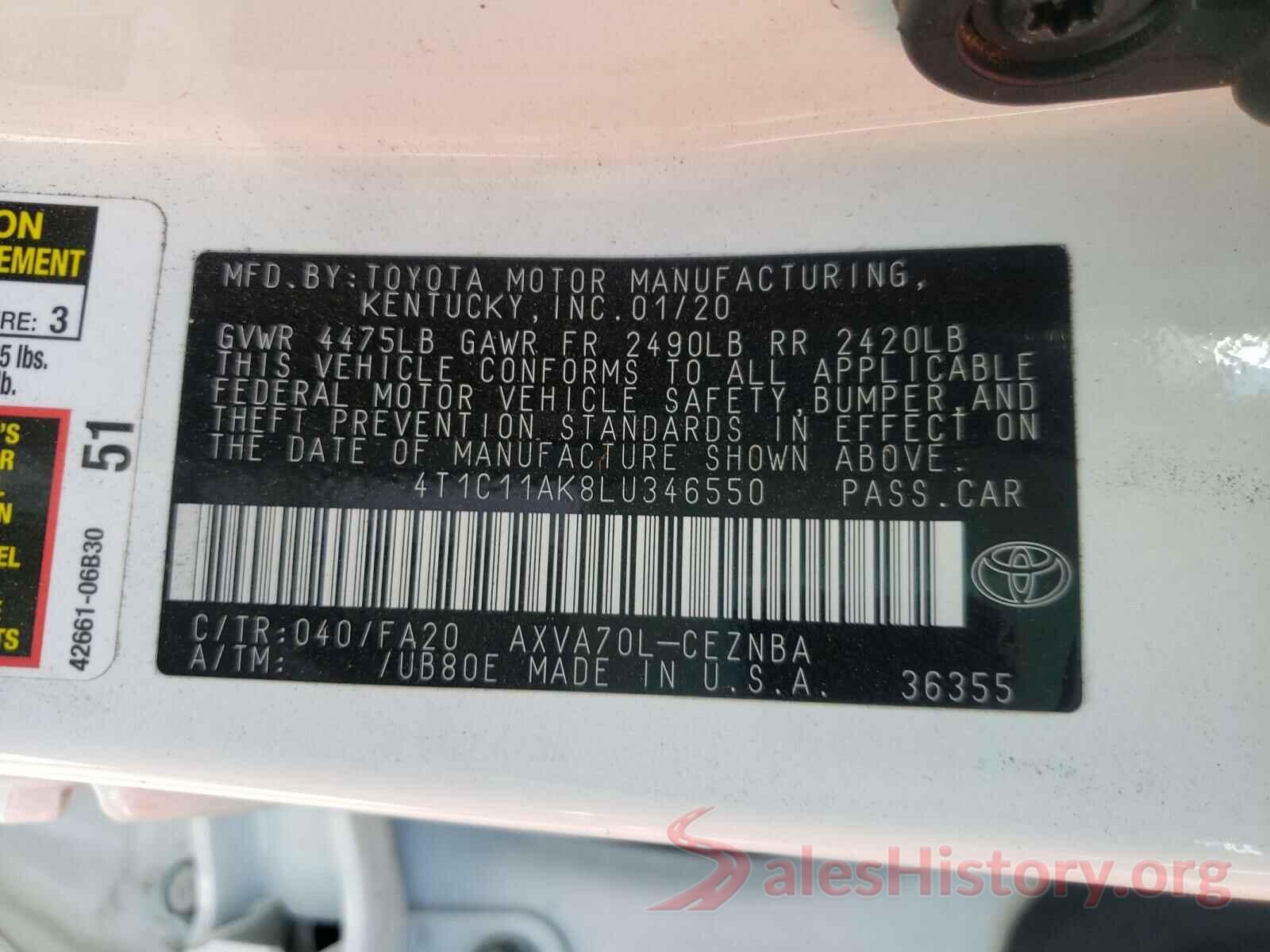 4T1C11AK8LU346550 2020 TOYOTA CAMRY