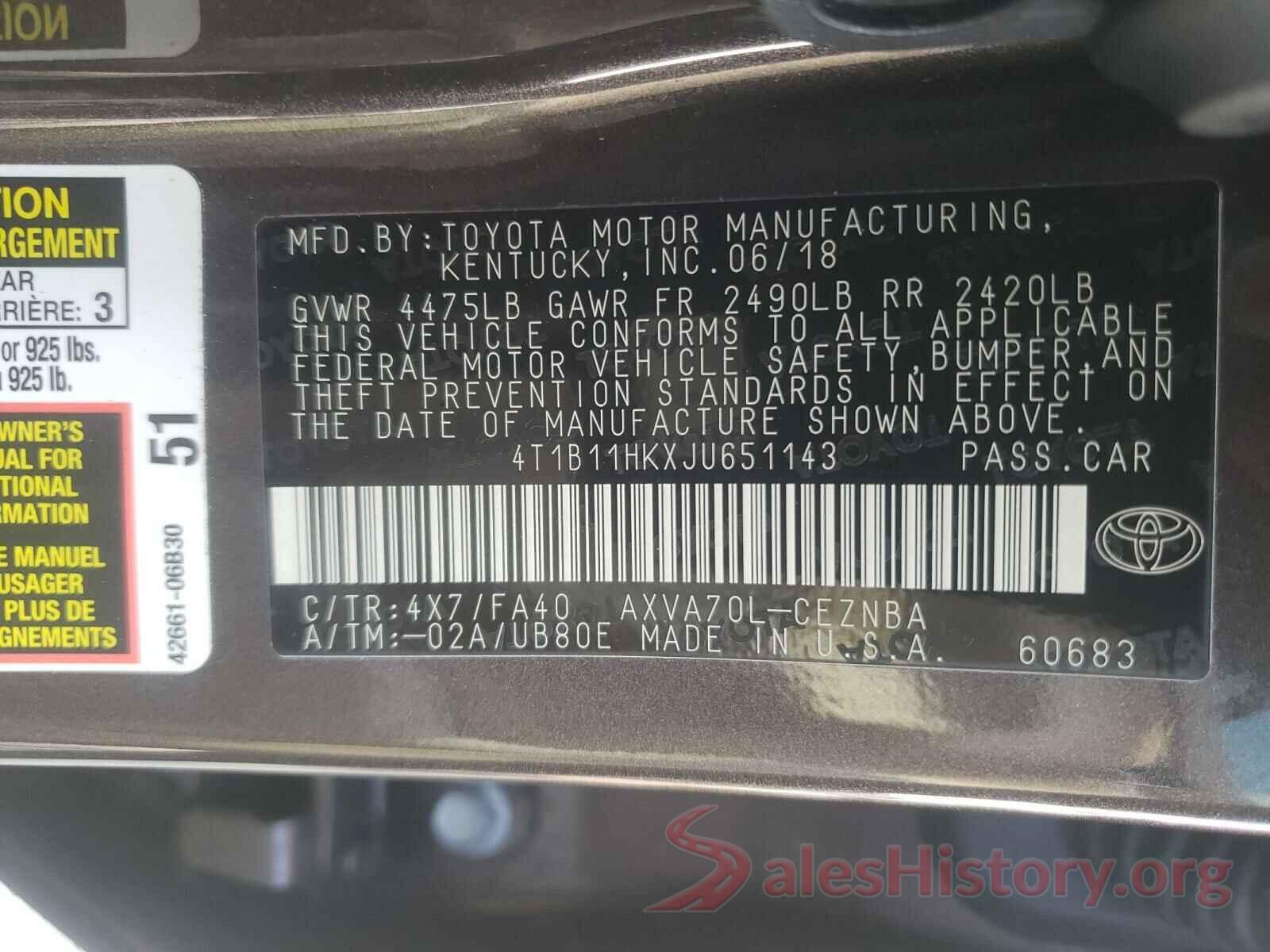 4T1B11HKXJU651143 2018 TOYOTA CAMRY