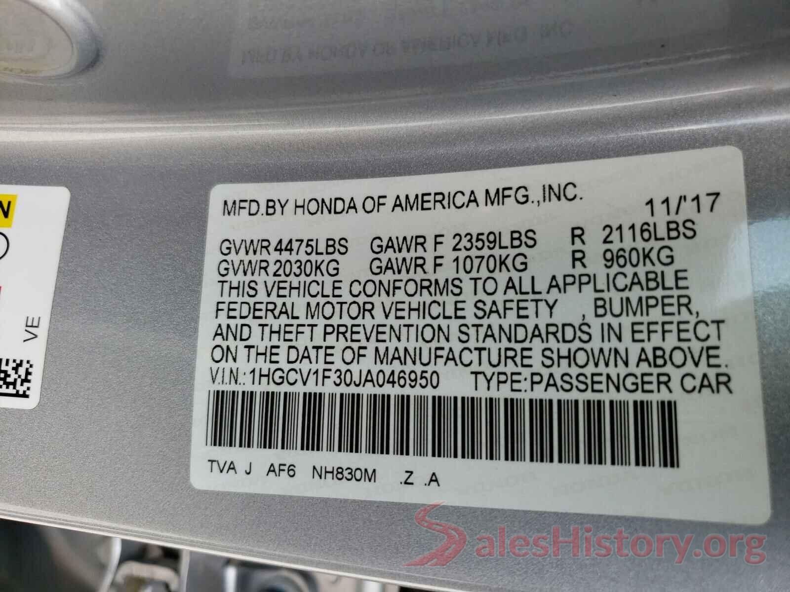 1HGCV1F30JA046950 2018 HONDA ACCORD