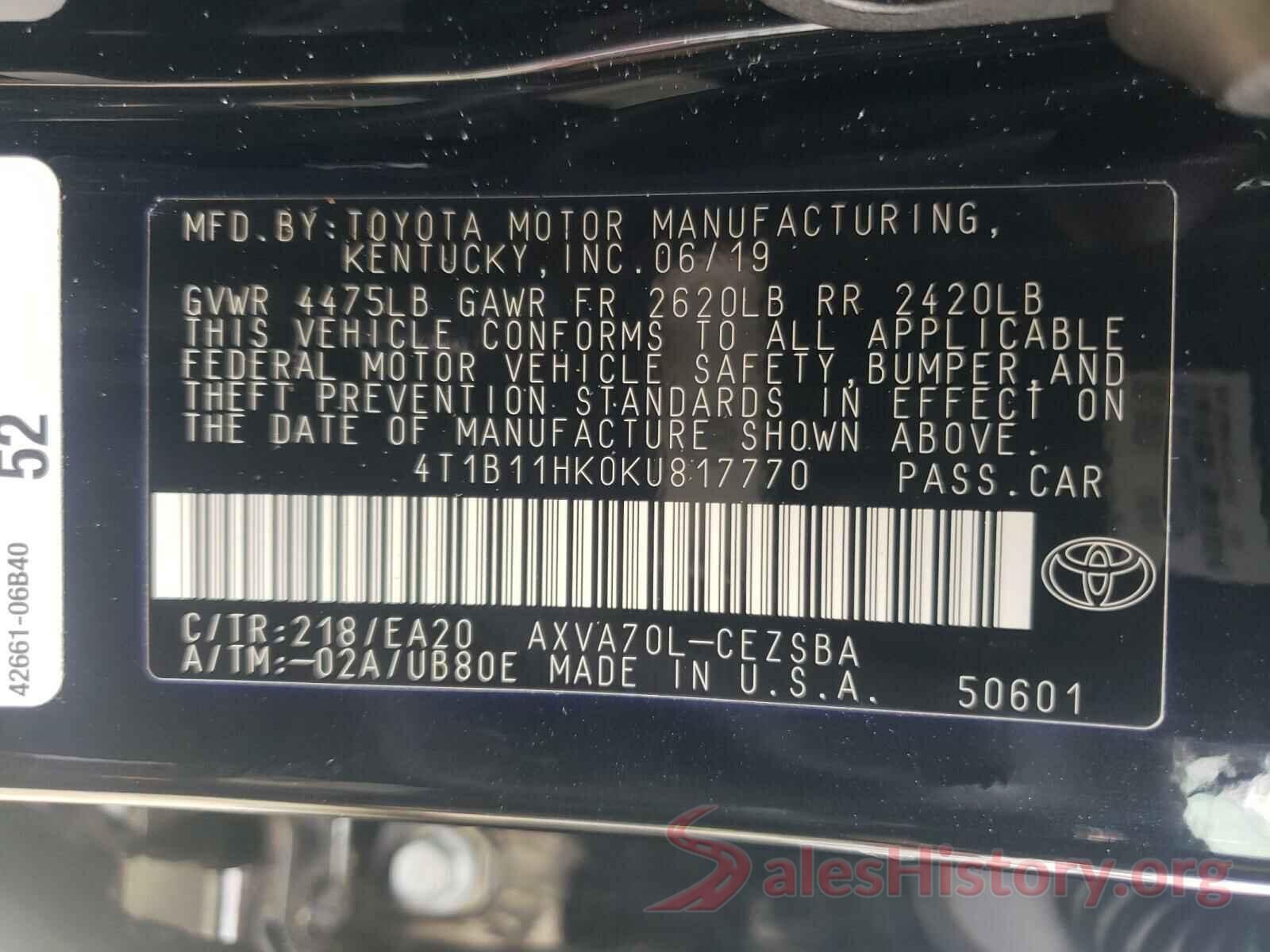 4T1B11HK0KU817770 2019 TOYOTA CAMRY