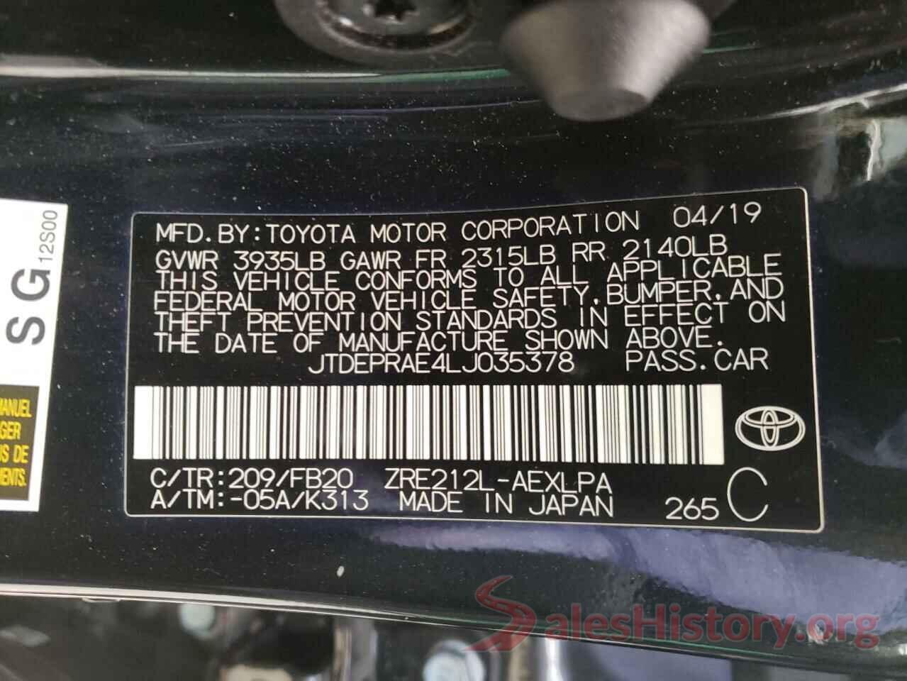 JTDEPRAE4LJ035378 2020 TOYOTA COROLLA