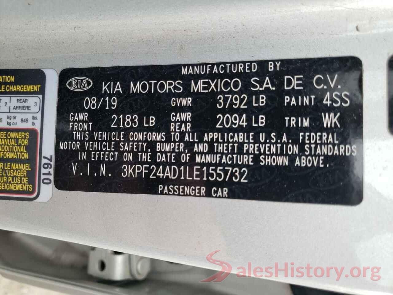 3KPF24AD1LE155732 2020 KIA FORTE