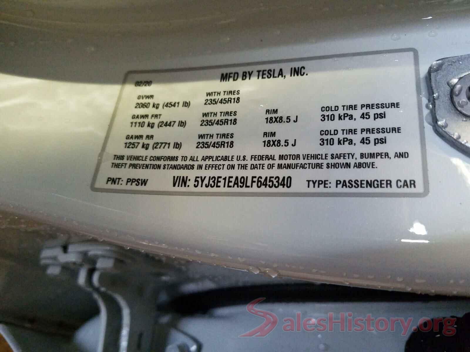 5YJ3E1EA9LF645340 2020 TESLA MODEL 3