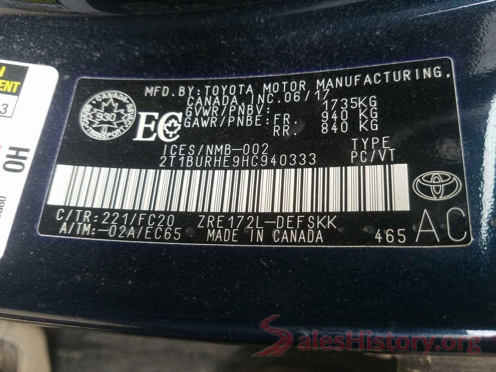 2T1BURHE9HC940333 2017 TOYOTA COROLLA