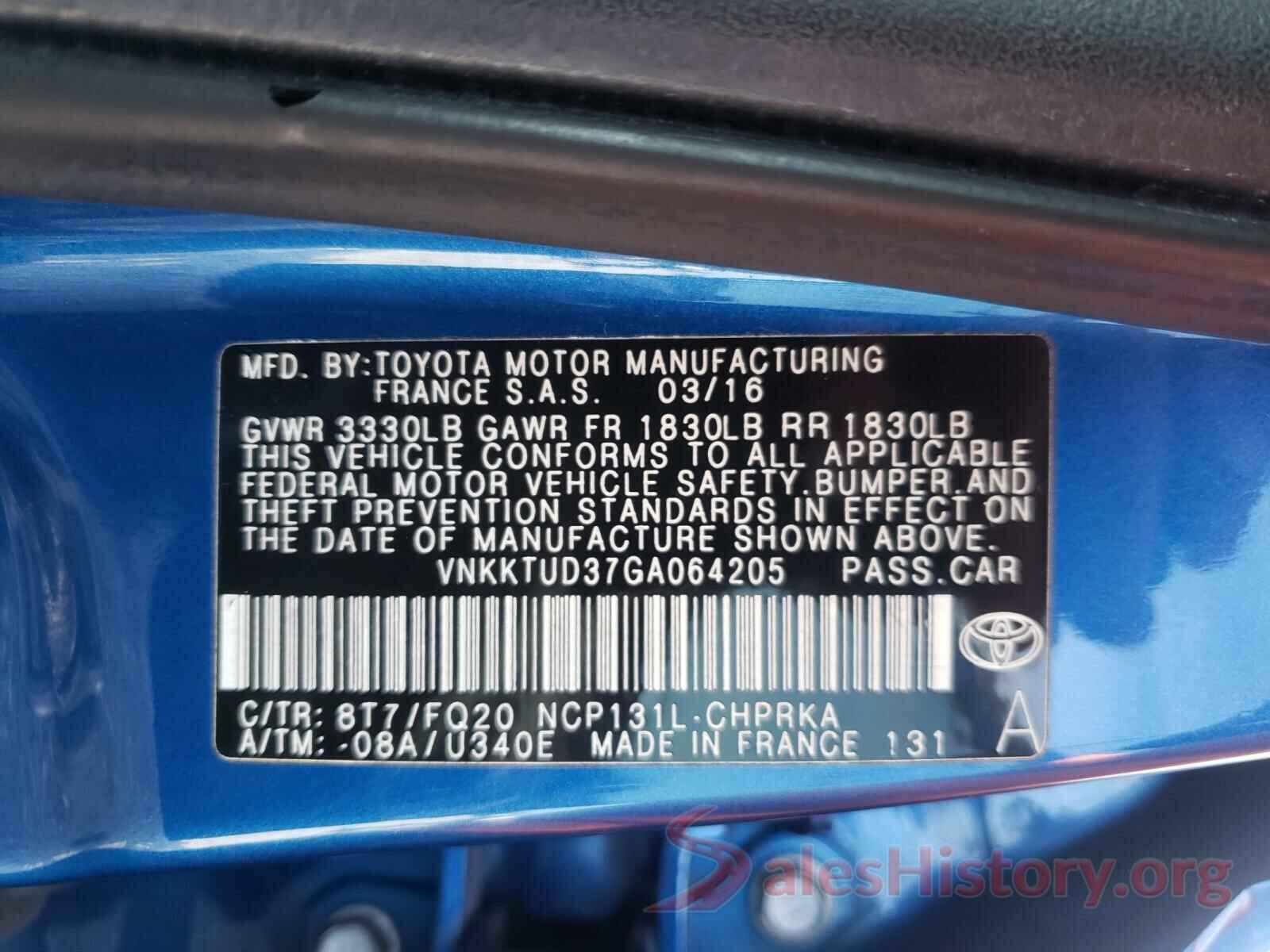 VNKKTUD37GA064205 2016 TOYOTA YARIS