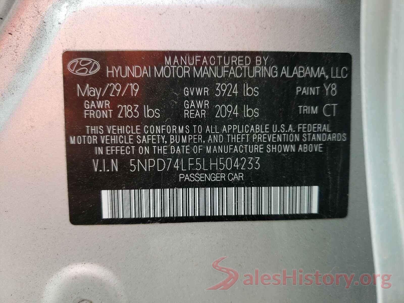 5NPD74LF5LH504233 2020 HYUNDAI ELANTRA