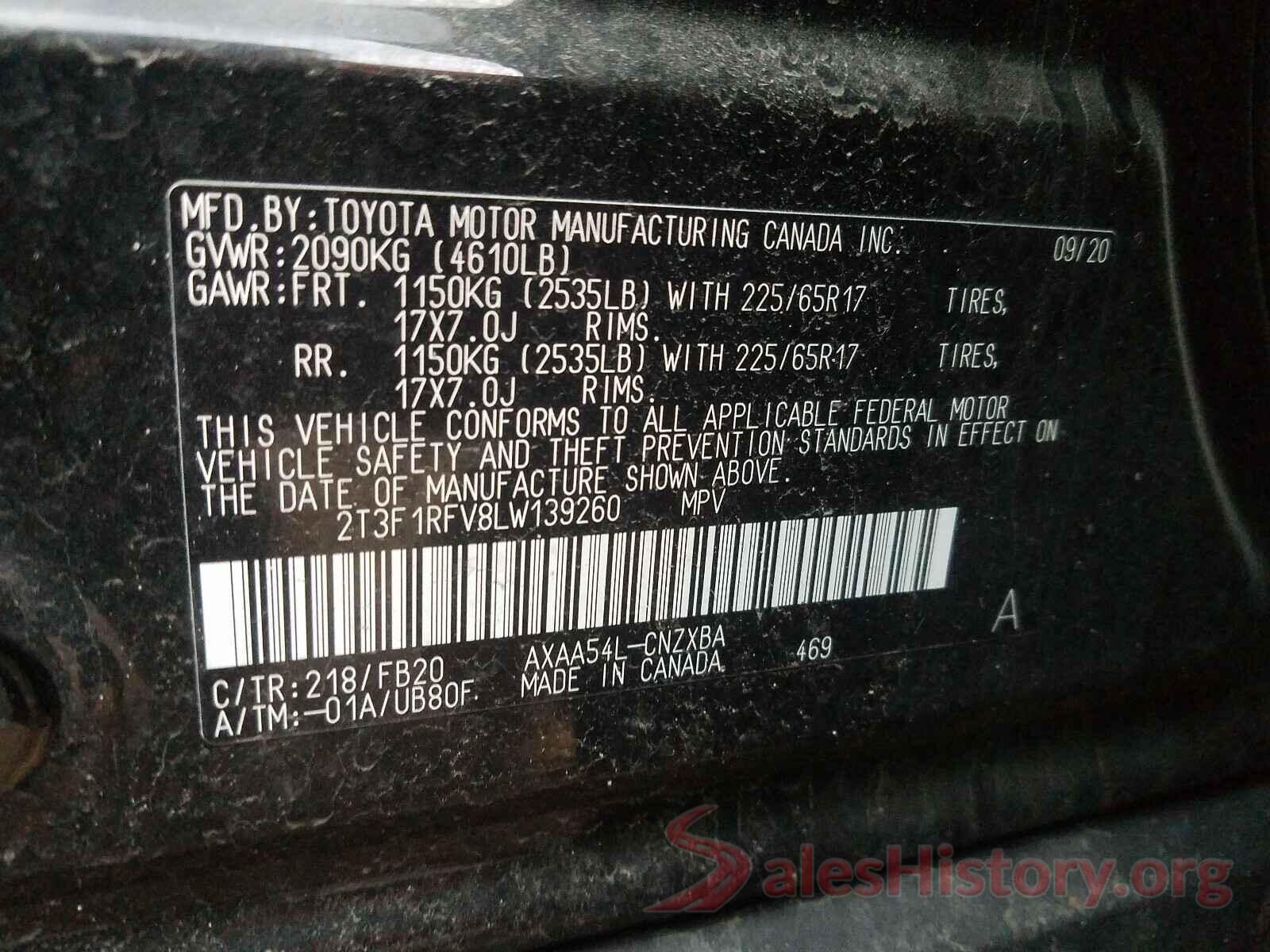 2T3F1RFV8LW139260 2020 TOYOTA RAV4