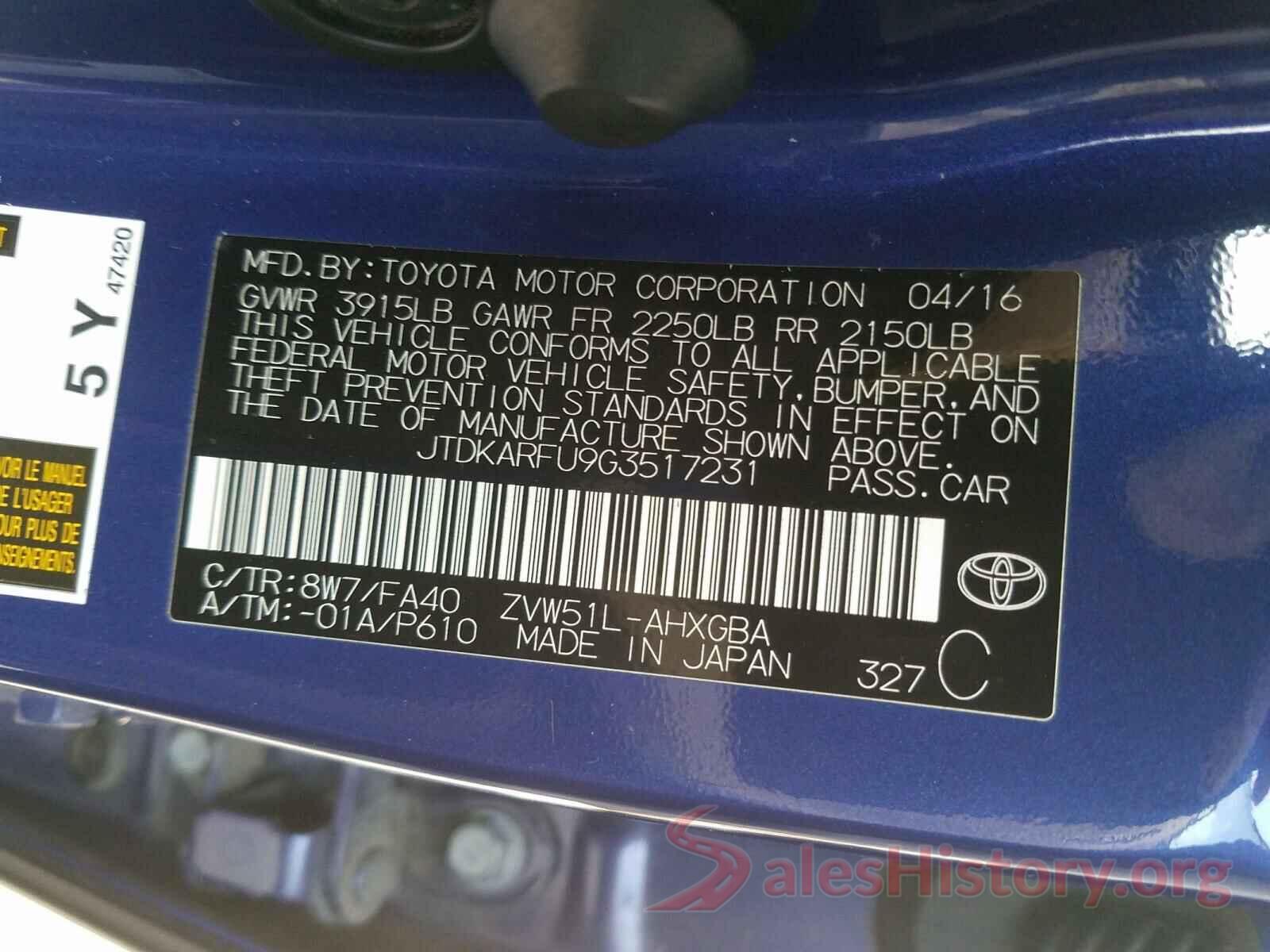 JTDKARFU9G3517231 2016 TOYOTA PRIUS