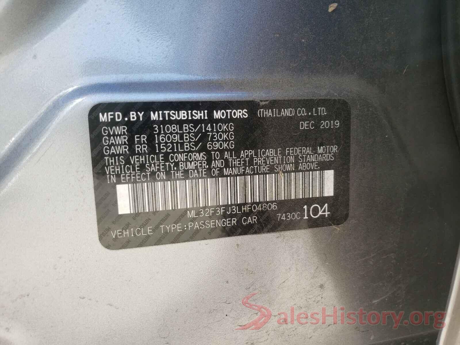 ML32F3FJ3LHF04806 2020 MITSUBISHI MIRAGE