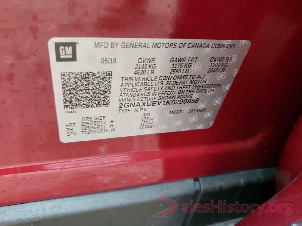 2GNAXUEV1K6290858 2019 CHEVROLET EQUINOX