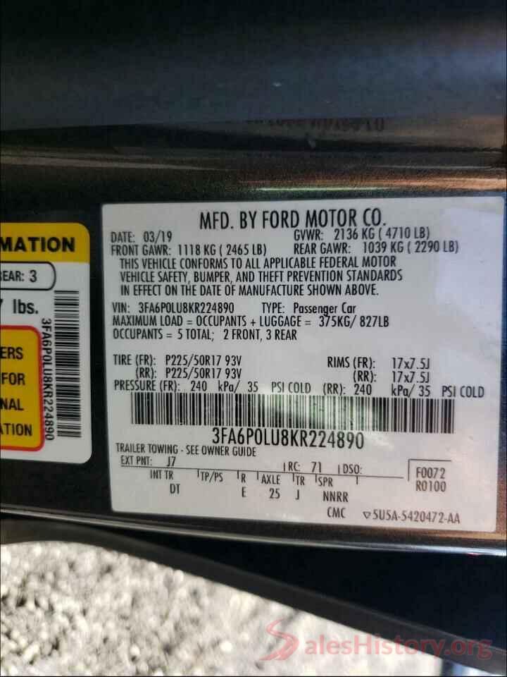 3FA6P0LU8KR224890 2019 FORD FUSION