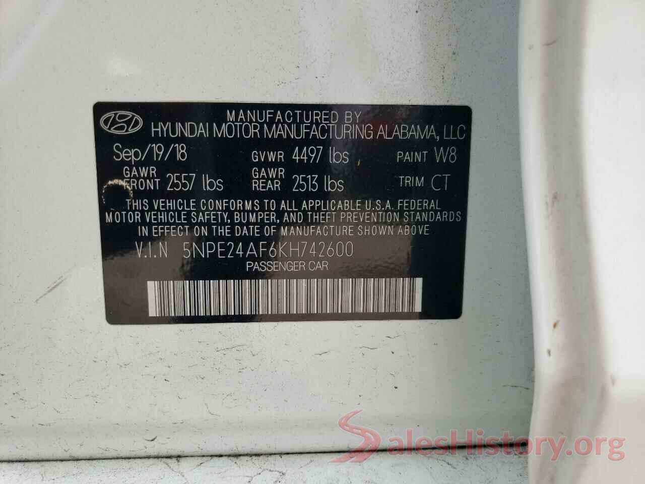 5NPE24AF6KH742600 2019 HYUNDAI SONATA