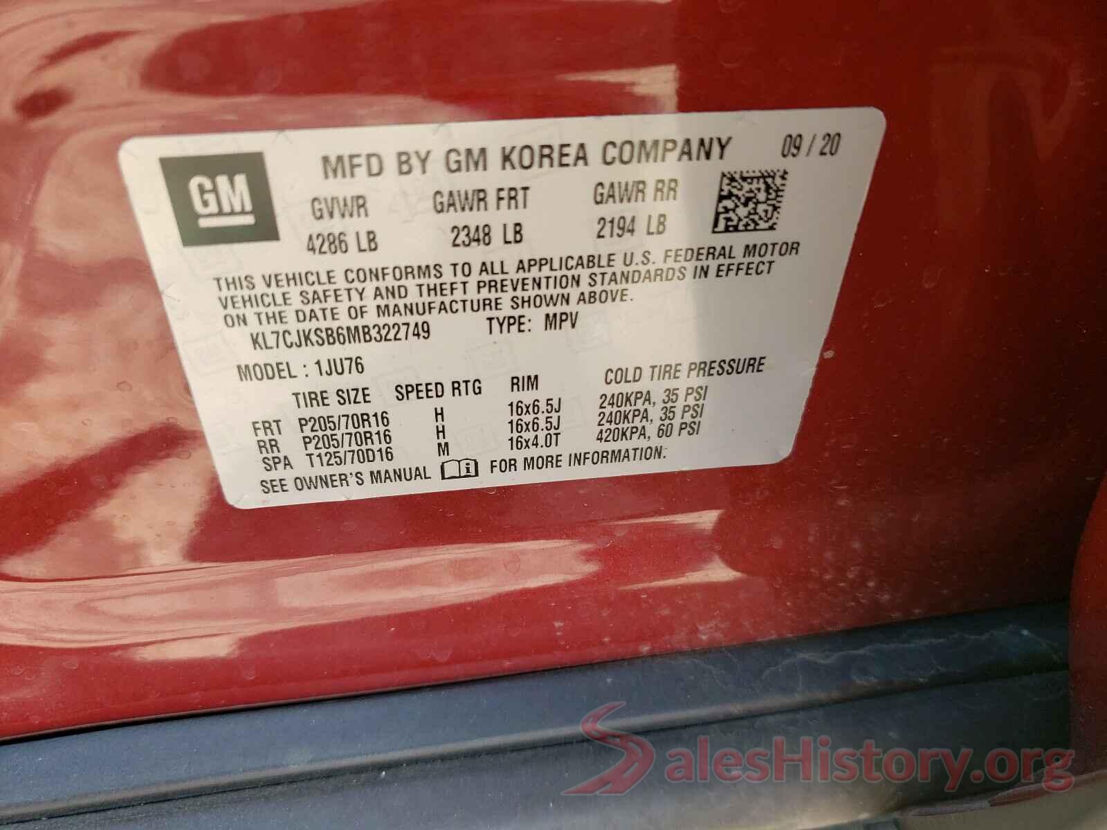 KL7CJKSB6MB322749 2021 CHEVROLET TRAX