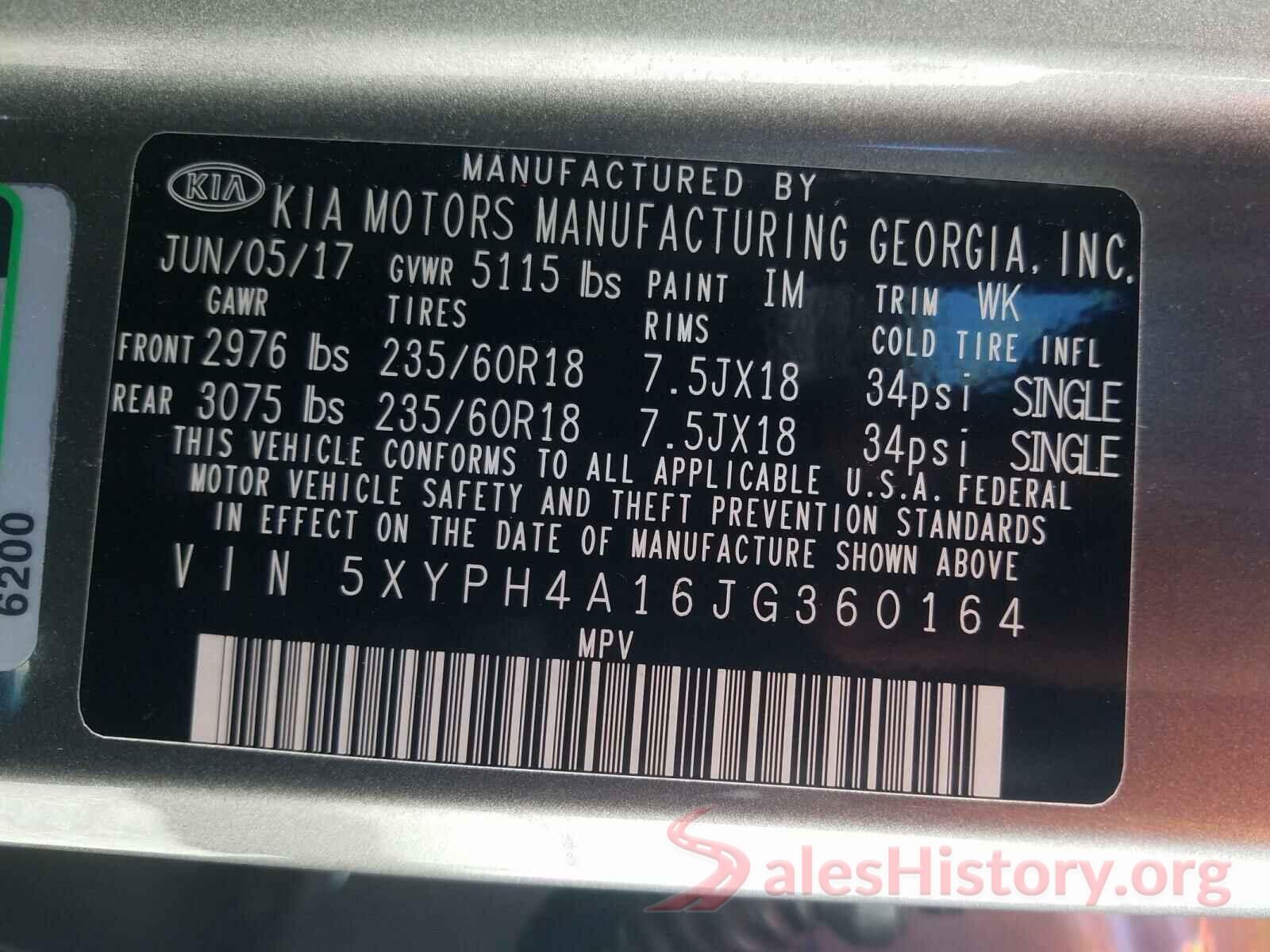 5XYPH4A16JG360164 2018 KIA SORENTO