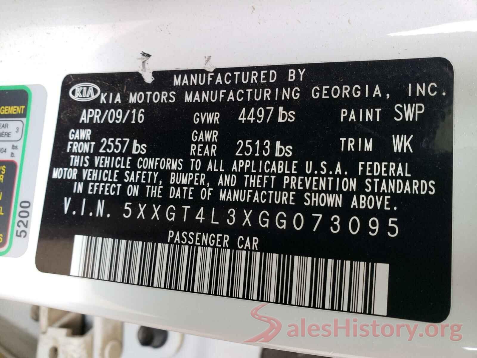 5XXGT4L3XGG073095 2016 KIA OPTIMA