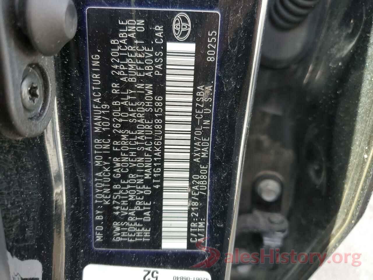 4T1G11AK6LU881586 2020 TOYOTA CAMRY