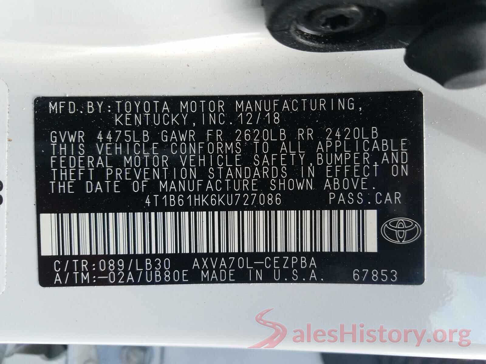 4T1B61HK6KU727086 2019 TOYOTA CAMRY