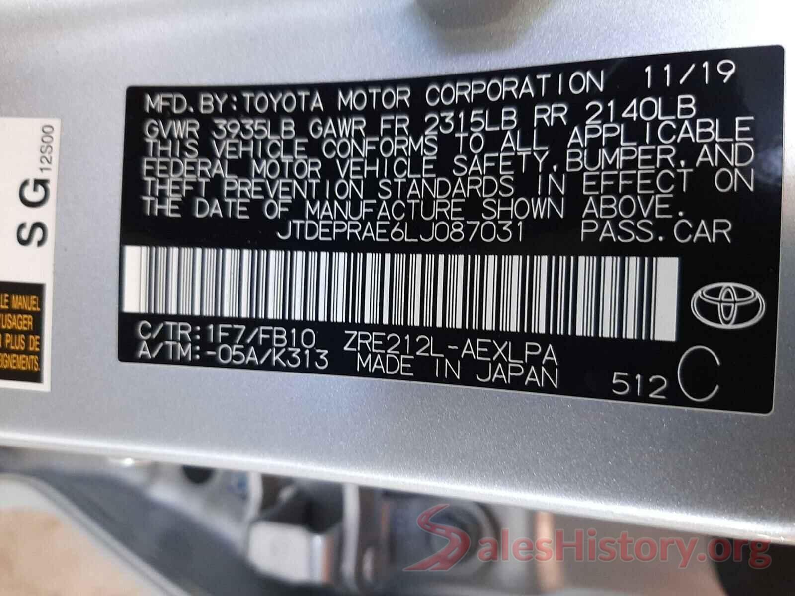 JTDEPRAE6LJ087031 2020 TOYOTA COROLLA