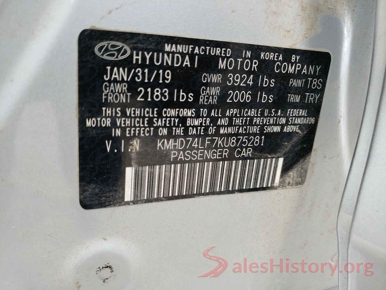 KMHD74LF7KU875281 2019 HYUNDAI ELANTRA