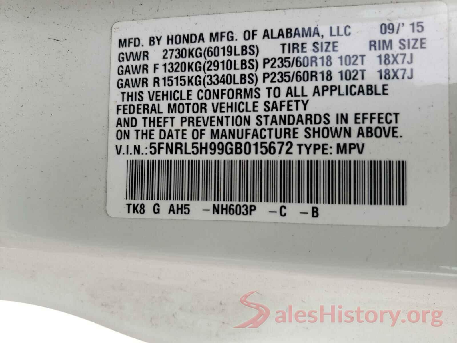 5FNRL5H99GB015672 2016 HONDA ODYSSEY