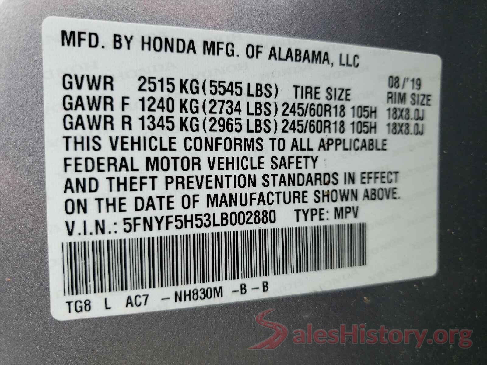 5FNYF5H53LB002880 2020 HONDA PILOT