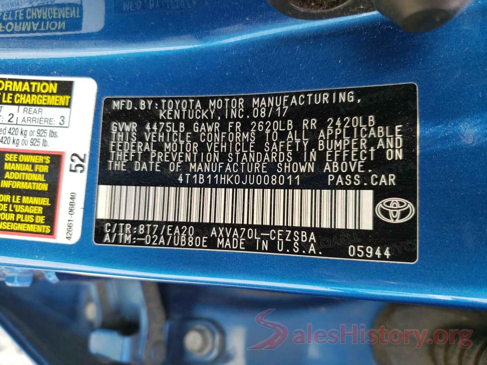 4T1B11HK0JU008011 2018 TOYOTA CAMRY