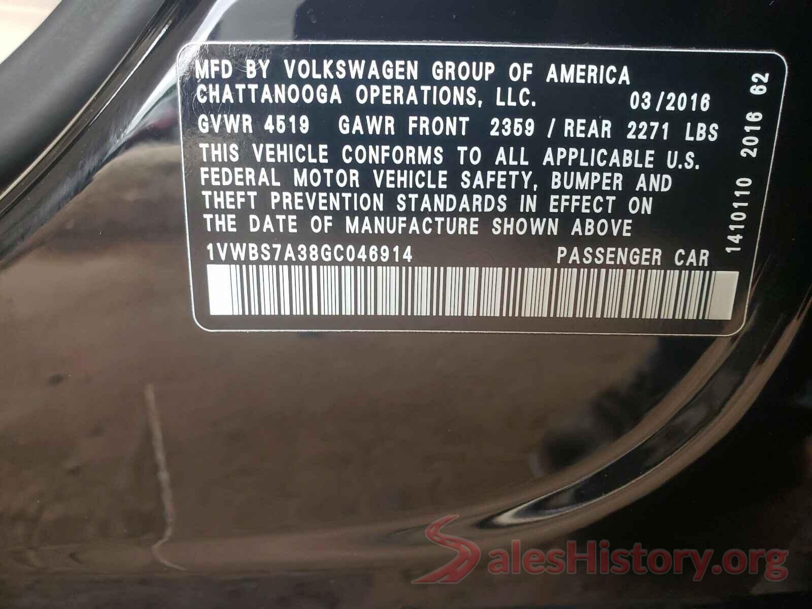 1VWBS7A38GC046914 2016 VOLKSWAGEN PASSAT