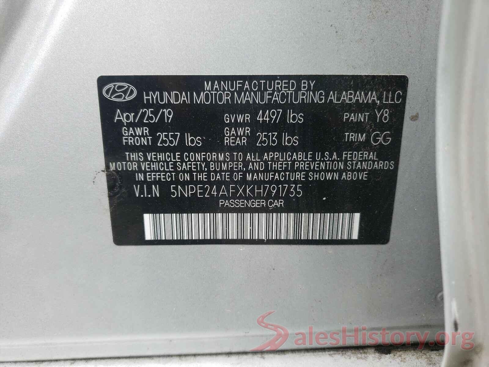 5NPE24AFXKH791735 2019 HYUNDAI SONATA