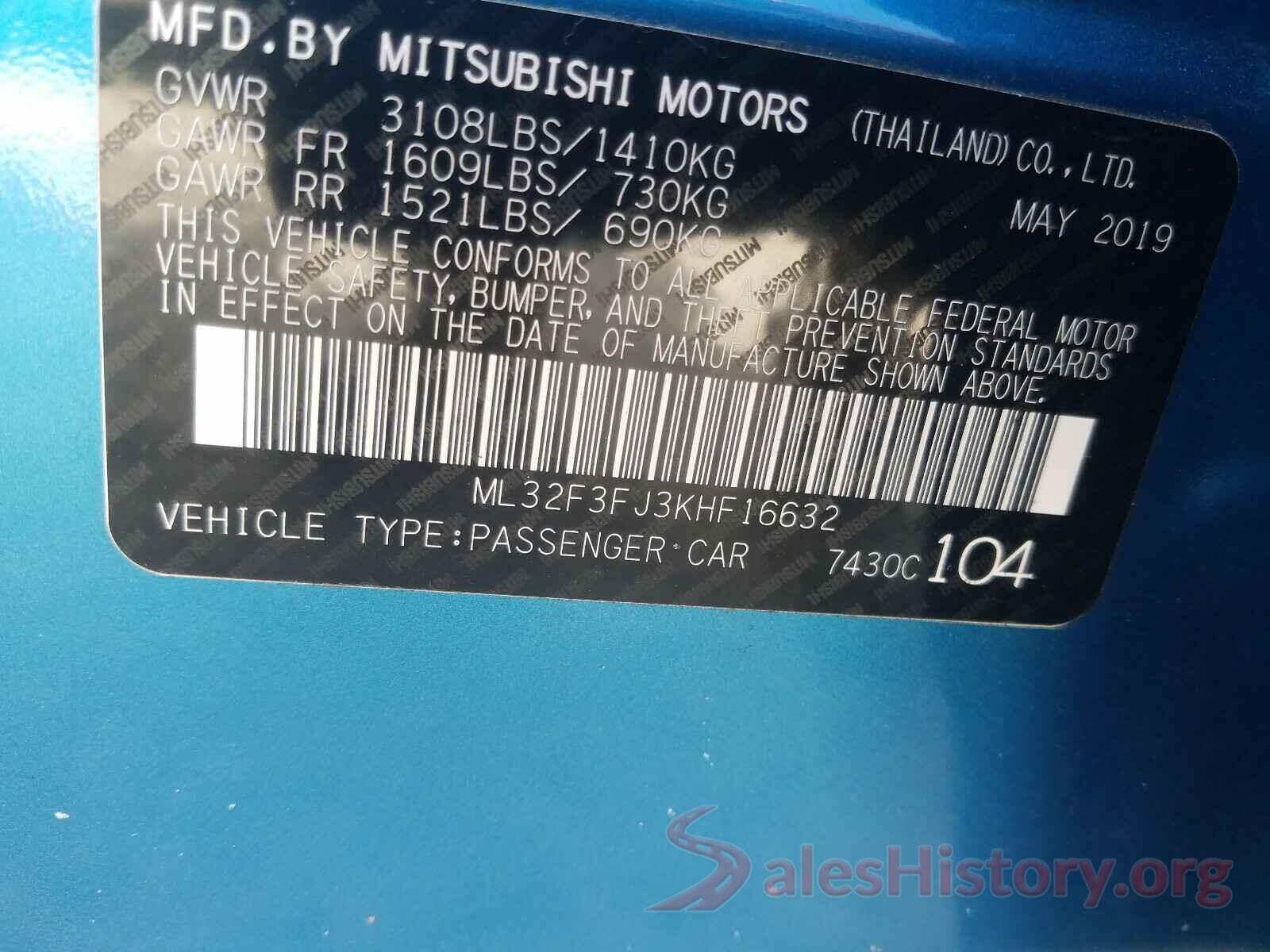 ML32F3FJ3KHF16632 2019 MITSUBISHI MIRAGE