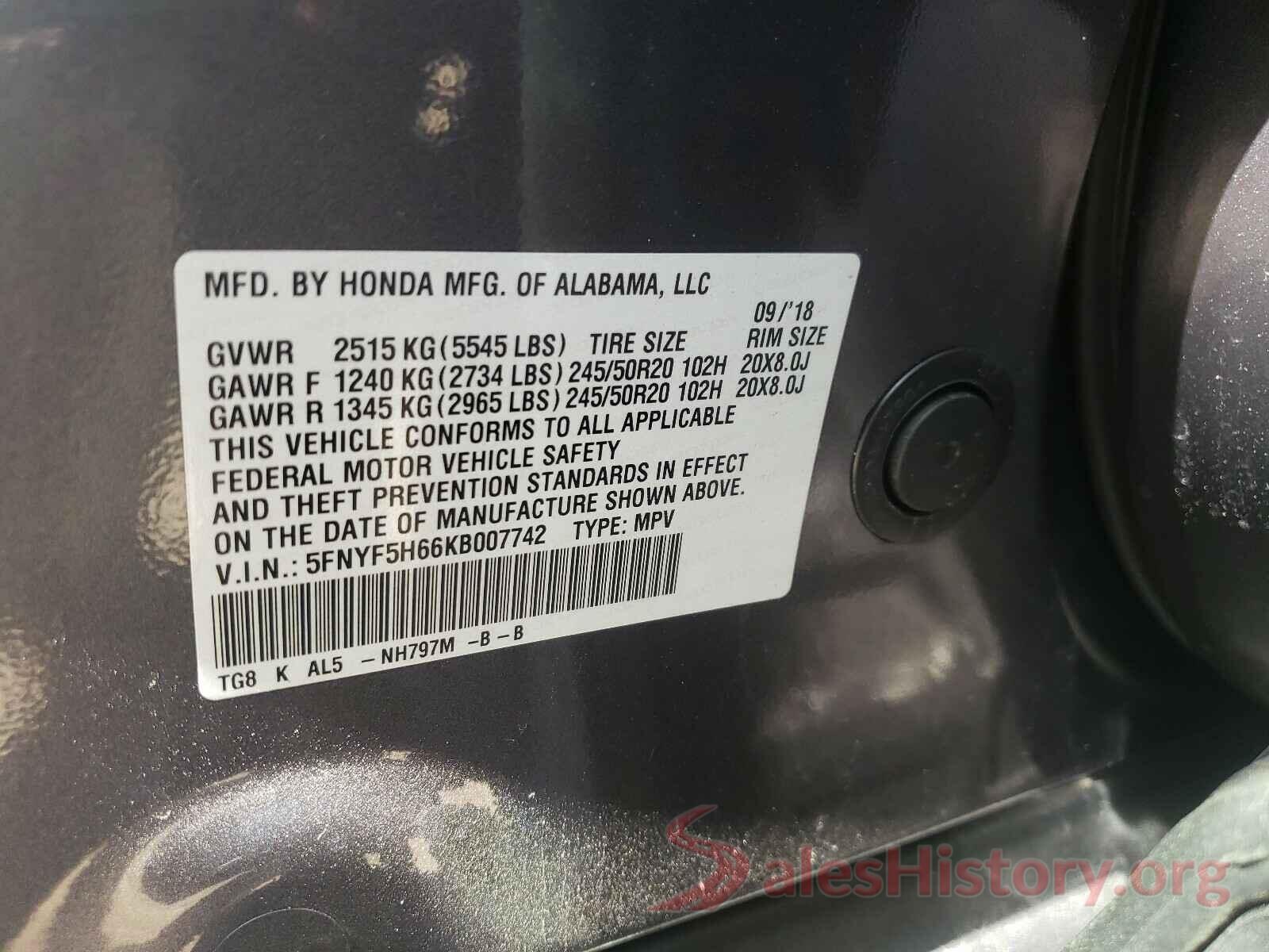 5FNYF5H66KB007742 2019 HONDA PILOT