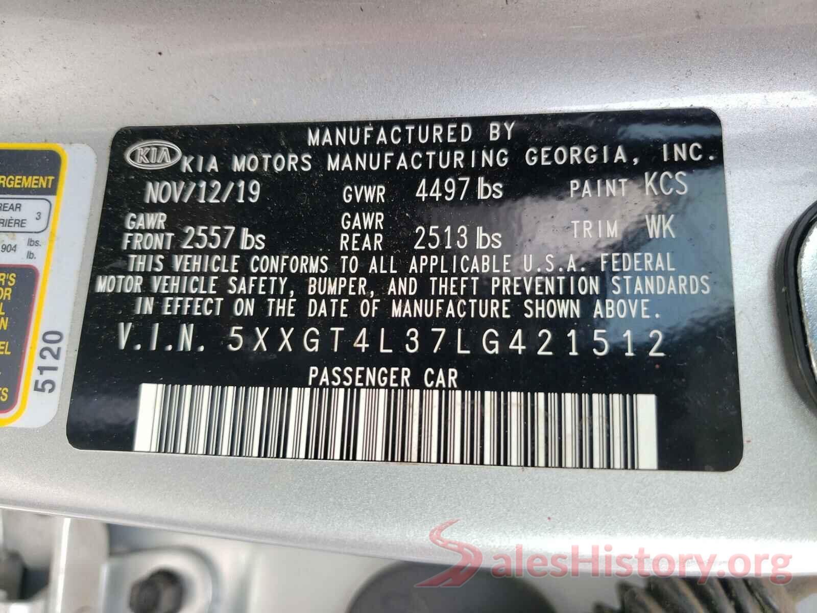 5XXGT4L37LG421512 2020 KIA OPTIMA