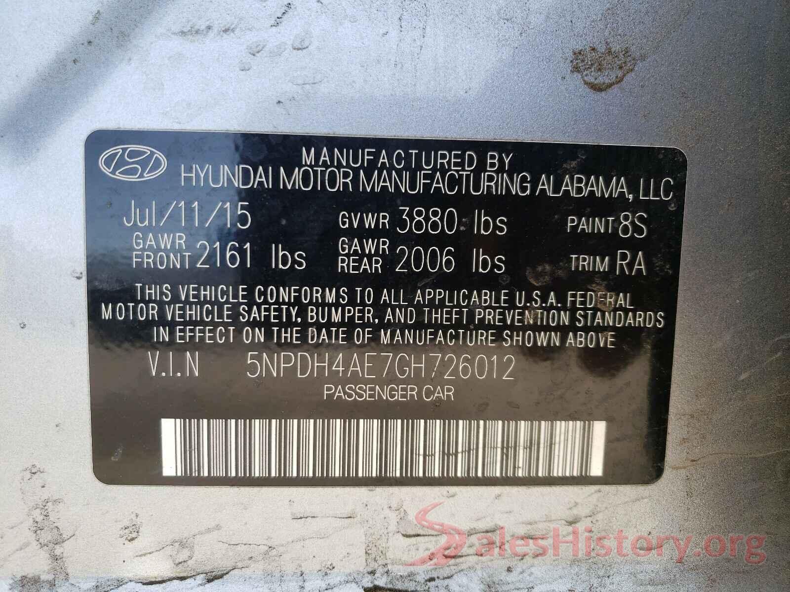 5NPDH4AE7GH726012 2016 HYUNDAI ELANTRA