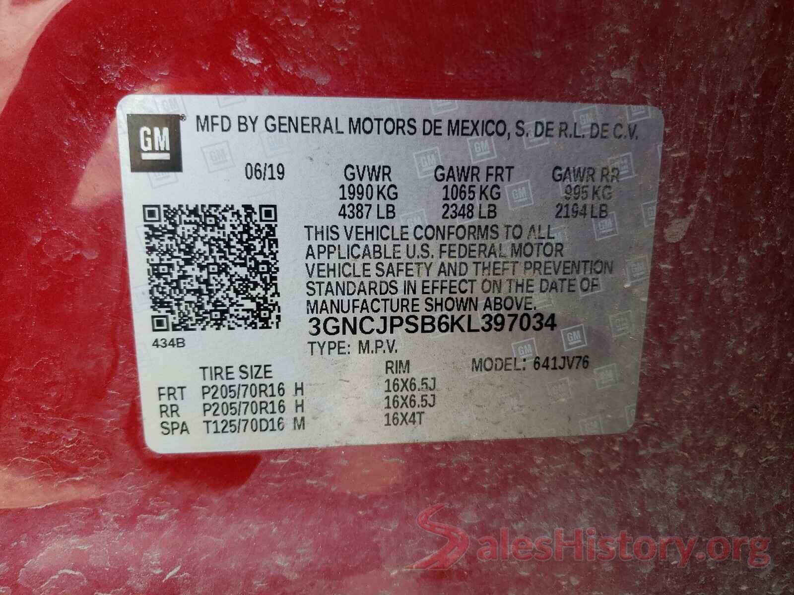 3GNCJPSB6KL397034 2019 CHEVROLET TRAX