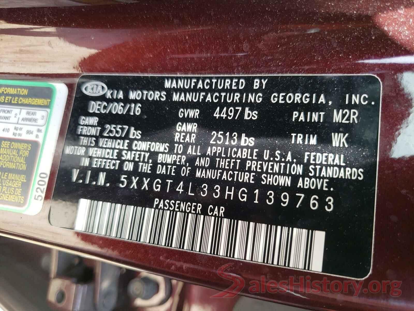 5XXGT4L33HG139763 2017 KIA OPTIMA