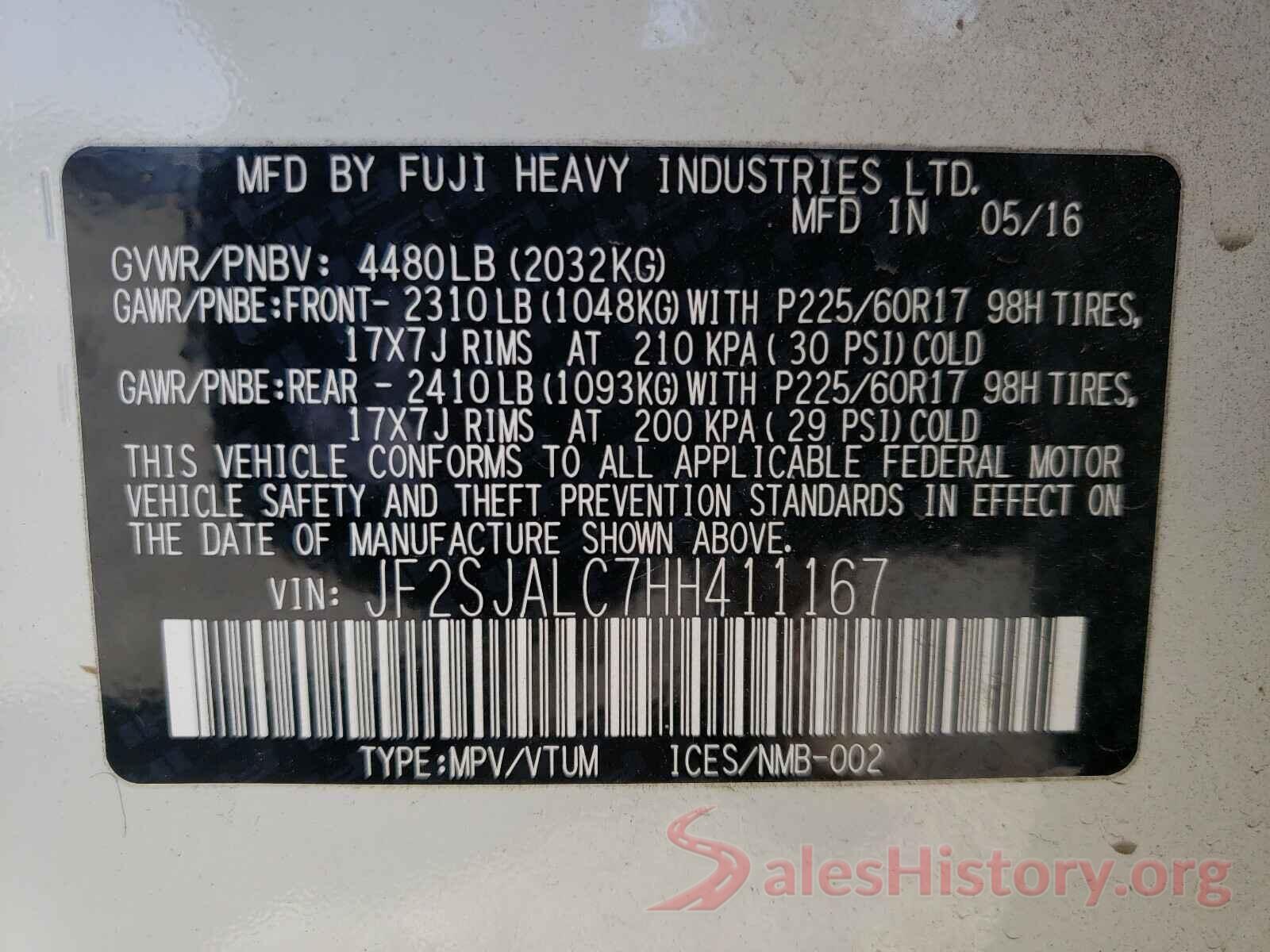 JF2SJALC7HH411167 2017 SUBARU FORESTER