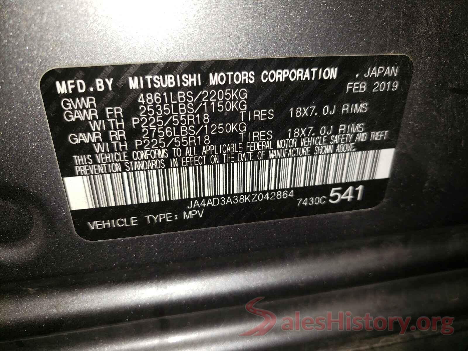 JA4AD3A38KZ042864 2019 MITSUBISHI OUTLANDER