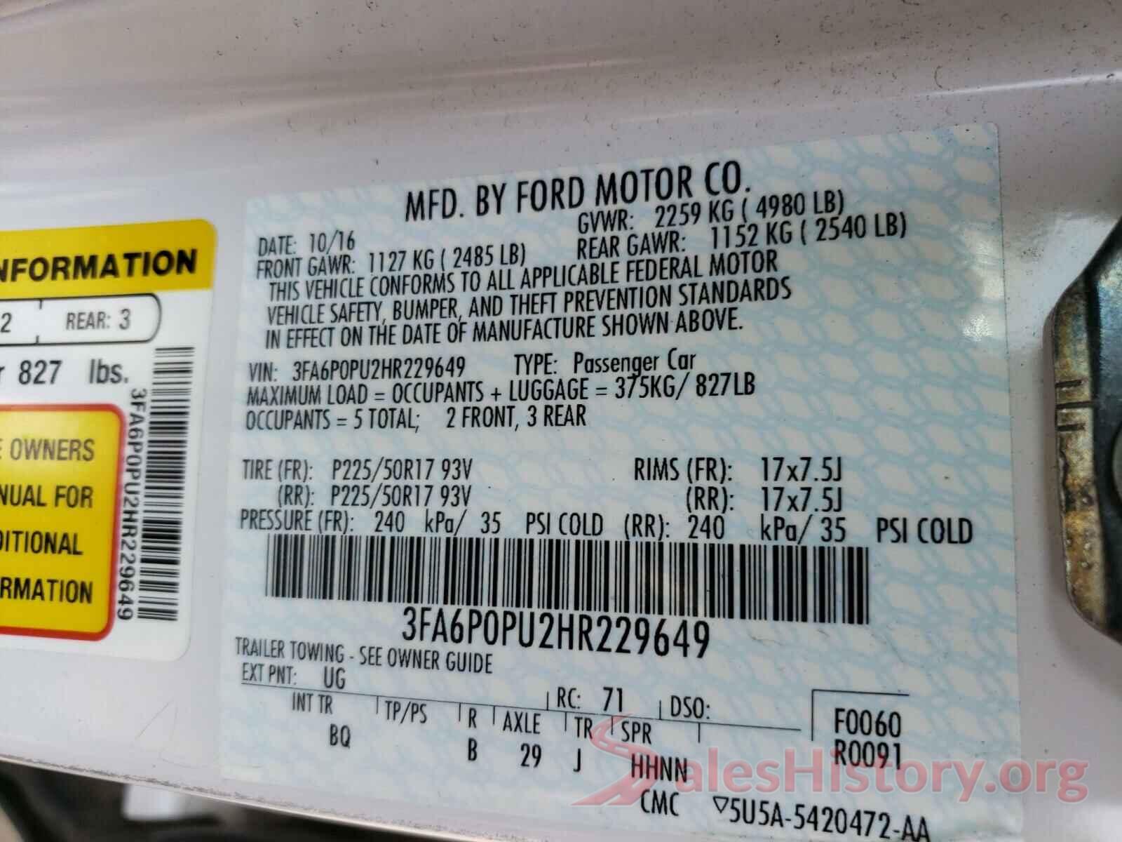 3FA6P0PU2HR229649 2017 FORD FUSION